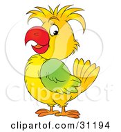 Poster, Art Print Of Happy Yellow Parrot With Green Plumage On Its Wing