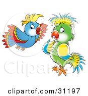 Blue Red And Yellow Parrot Flying Near A Green Blue And Yellow Bird
