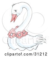 Beautiful White Swan With A Pink Beak Wearing A Pink Flower Garland Around Its Neck