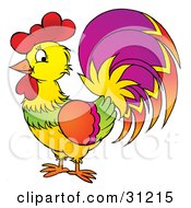 Clipart Illustration Of A Yellow And Green Rooster With Orange Purple Green And Yellow Feathers