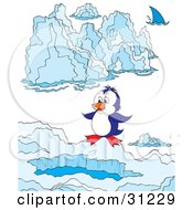 Poster, Art Print Of Cute Blue And White Penguin Standing Above A Swimming Hole In Ice A Shark In The Distance
