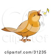 Poster, Art Print Of Happy Brown Bird Singing Or Whistling With A Yellow Note