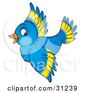 Clipart Illustration Of A Happy Blue Bird With Yellow Markings On Its Wings Flying On A White Background