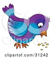 Clipart Illustration Of A Purple And Blue Bird Eating Seed From The Ground