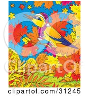 Clipart Illustration Of A Yellow Bird With Blue And Purple Markings Wearing A Hat And Scarf Perched On The Branch Of A Maple Tree With Fall Foliage Against A Blue Sky