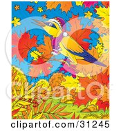 Poster, Art Print Of Yellow Bird With Blue And Purple Markings Wearing A Hat And Scarf Perched On The Branch Of A Maple Tree With Fall Foliage Against A Blue Sky