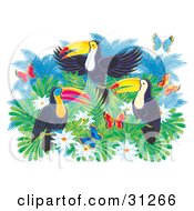 Three Colorful Toucans On Top Of A Tree With White Flowers And Butterflies