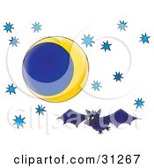 Clipart Illustration Of A Happy Blue Bat Flying In The Night Sky Of Blue Stars And A Crescent Moon by Alex Bannykh