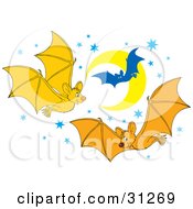 Clipart Illustration Of Three Happy Bats Flying In The Sky At Night Against A Background Of Blue Stars And A Crescent Moon by Alex Bannykh