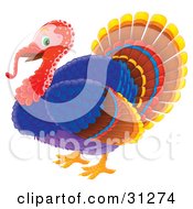Clipart Illustration Of A Happy Colorful Tom Turkey With A Red Head And Long Snood