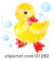 Clipart Illustration Of A Cute Yellow Rubber Ducky Posing On A White Background Surrounded By Blue Bubbles by Alex Bannykh #COLLC31282-0056
