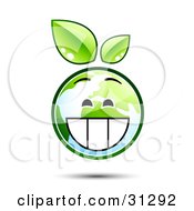 Poster, Art Print Of Grinning Earth Character With Green Leaves Above