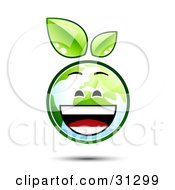 Poster, Art Print Of Laughing Earth Character With Green Leaves Above
