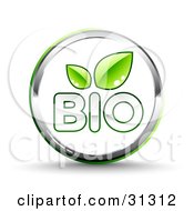 Clipart Illustration Of A Shiny White Bio Website Button With Two Green Leaves And Chrome Trim