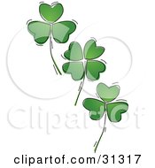 Three Falling Green Four Leaf Shamrock Clover Leaves On A White Background