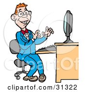 Poster, Art Print Of Happy Red Haired Computer Geek Man In A Blue Suit Working On A Computer