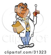 Clipart Illustration Of A Male Senior Hispanic Doctor In A Lab Coat Wearing A Stethoscope Holding A Clip Board And Looking At A Thermometer