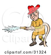 Clipart Illustration Of A Male Caucasian Fireman In A Uniform And Red Hardhat Operating A Water Hose
