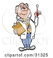 Clipart Illustration Of A Male Senior Caucasian Doctor In A Lab Coat Wearing A Stethoscope Holding A Clip Board And Looking At A Thermometer by LaffToon