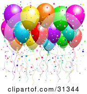 Poster, Art Print Of Bunch Of Floating Party Balloons With Confetti At A Party