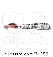 Poster, Art Print Of Red Car In Front Of A Row Of Silver Cars At A Lot
