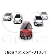 Poster, Art Print Of Red Compact Car Leading Four Other Cars