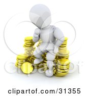 Poster, Art Print Of White Character In Thought Sitting On A Stack Of Coins Symbolizing Debt Investments Or Savings