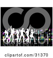 Clipart Illustration Of A White Silhouetted Group Of Young People Dancing On A Black Surface With A Wall Of Colorful Dots