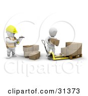 Clipart Illustration Of A Boss Taking Inventory As A Worker Stacks Boxes by KJ Pargeter