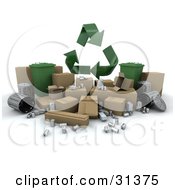 Poster, Art Print Of 3d Recycle Arrows Above Aluminum Cardboard And Trash Cans