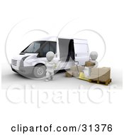 Clipart Illustration Of A Manager Taking Inventory On A Clipboard While A Worker Unloads Shipping Boxes From A Van