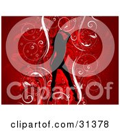 Clipart Illustration Of A Sexy Black Silhouetted Lady Over A Floral Grunge Background Of Vines On Red
