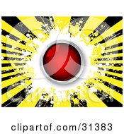 Poster, Art Print Of Shiny Red Button Over A White Yellow And Black Bursting Grunge Background