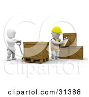 Clipart Illustration Of A Manager Writing Inventory Down While A Worker Moves Crates