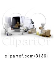 Clipart Illustration Of A Supervisor Taking Inventory Of Supplies While Workers Load A Delivery Van by KJ Pargeter