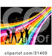 Poster, Art Print Of Black Silhouetted Young People Dancing On A Rainbow Surrounded By Bubbles And Sparkles On A Black Background