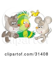 Poster, Art Print Of Cute Baby Wolf Parrot Yellow Bird And Mouse Chatting