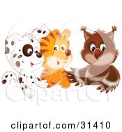Poster, Art Print Of Spotted Puppy Tiger And Baby Owl In A Group