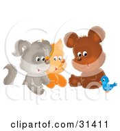 Poster, Art Print Of Bluebird Chatting With A Cute Bear Kitten And Puppy
