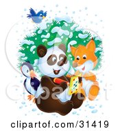 Poster, Art Print Of Bluebird Flying Over A Bird Fox And Panda As They Write In An Activity Book On A Wintry Day