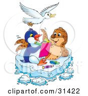 White Bird Flying Over A Seal And Penguin Coloring In A Book On A Floating Sheet Of Ice