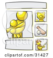 Clipart Illustration Of A Scrapbooking Kit Page With A Yellow People Family Cat Baseball And Man Fishing