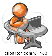 Clipart Illustration Of An Orange Man Working On A Laptop Computer On A Table