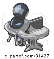 Clipart Illustration Of A Navy Blue Man Working On A Laptop Computer On A Table