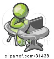 Clipart Illustration Of An Olive Green Man Working On A Laptop Computer On A Table by Leo Blanchette