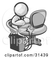 Clipart Illustration Of A White Man Working On A Desktop Computer On A Table