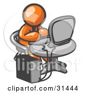 Clipart Illustration Of An Orange Man Working On A Desktop Computer On A Table