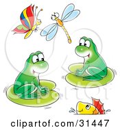 Two Cute Green Frogs On Lily Pads With A Fish Swimming In The Water And A Butterfly And Dragonfly Flying Above