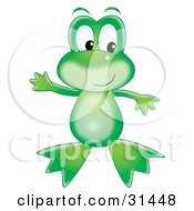 Poster, Art Print Of Cute Green Frog Standing On Its Hind Legs Holding Its Arms Out And Looking To The Right