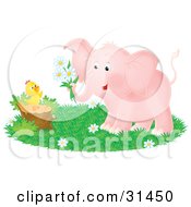 Clipart Illustration Of A Sweet Pink Elephant Giving Daisy Flowers To A Baby Chick On A Tree Stump